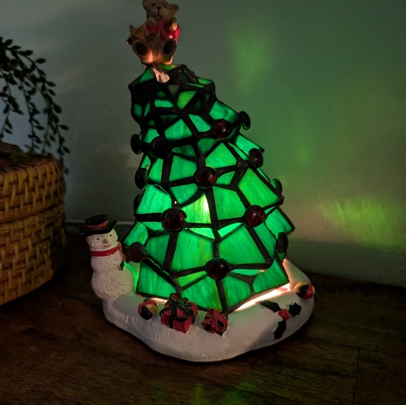 Catalina Lighting Tiffany Style Leaded Glass Christmas Tree Holiday Lamp 8.5” - Picture 3 of 7